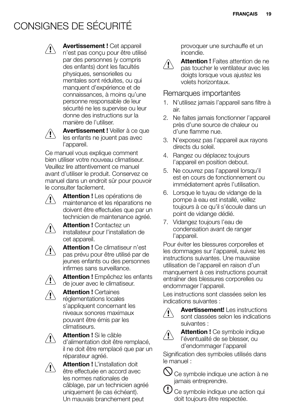 New eu portable manual_en_fr_it_es_pt_19, Consignes de sécurité, Remarques importantes | Electrolux EXP09HN1WI User Manual | Page 19 / 86