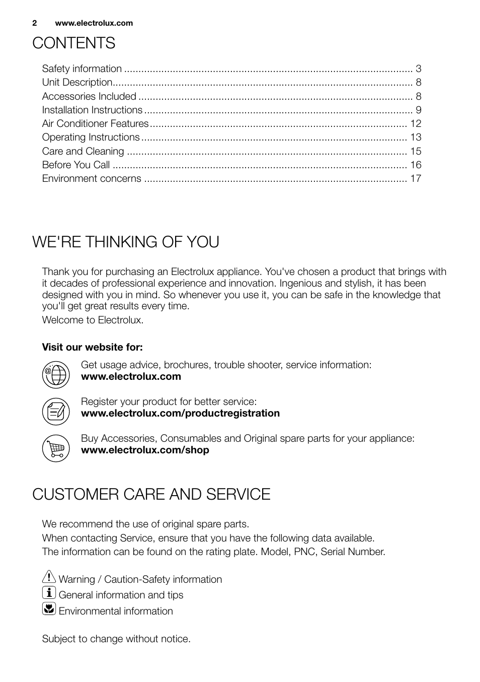 New eu portable manual_en_fr_it_es_pt_ 2, Contents we're thinking of you, Customer care and service | Electrolux EXP09HN1WI User Manual | Page 2 / 86