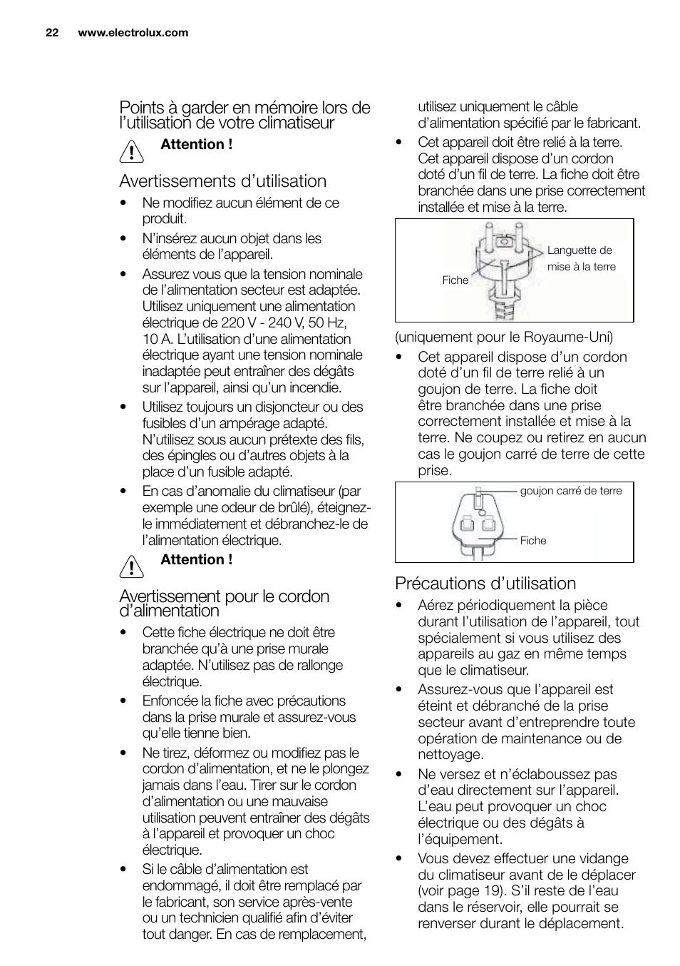 New eu portable manual_en_fr_it_es_pt_22, Avertissements d’utilisation, Avertissement pour le cordon d’alimentation | Précautions d’utilisation | Electrolux EXP09HN1WI User Manual | Page 22 / 86