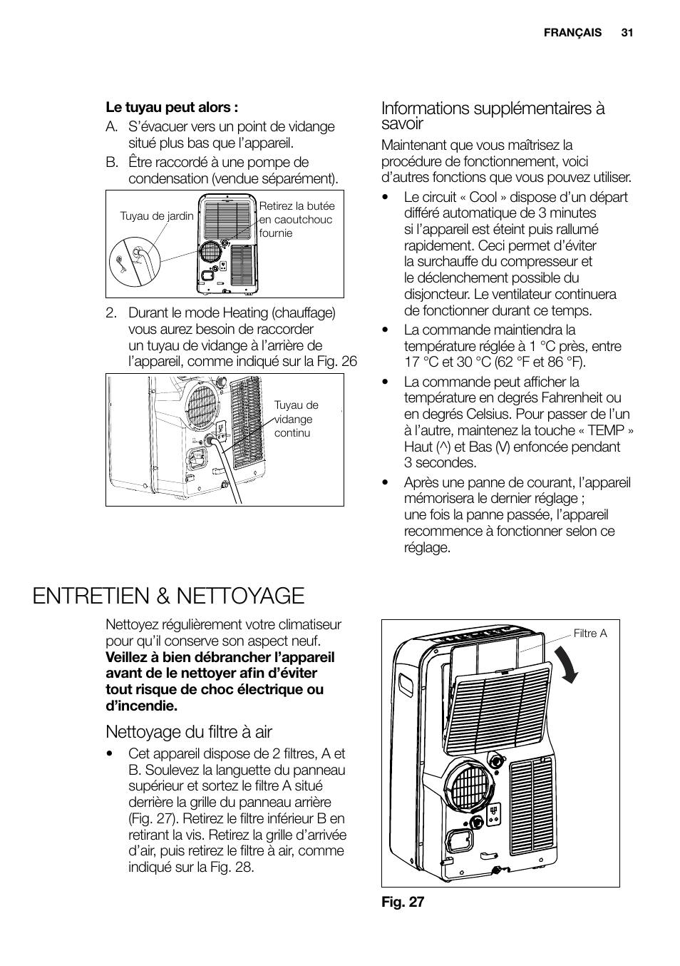 New eu portable manual_en_fr_it_es_pt_31, Entretien & nettoyage, Informations supplémentaires à savoir | Nettoyage du ﬁltre à air | Electrolux EXP09HN1WI User Manual | Page 31 / 86