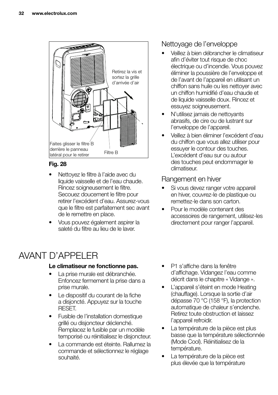 New eu portable manual_en_fr_it_es_pt_32, Nettoyage de l’enveloppe, Rangement en hiver | Electrolux EXP09HN1WI User Manual | Page 32 / 86