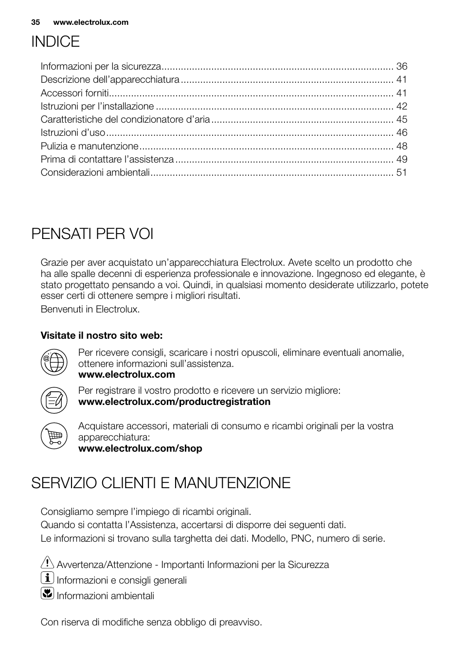 New eu portable manual_en_fr_it_es_pt_35, Indice pensati per voi | Electrolux EXP09HN1WI User Manual | Page 35 / 86