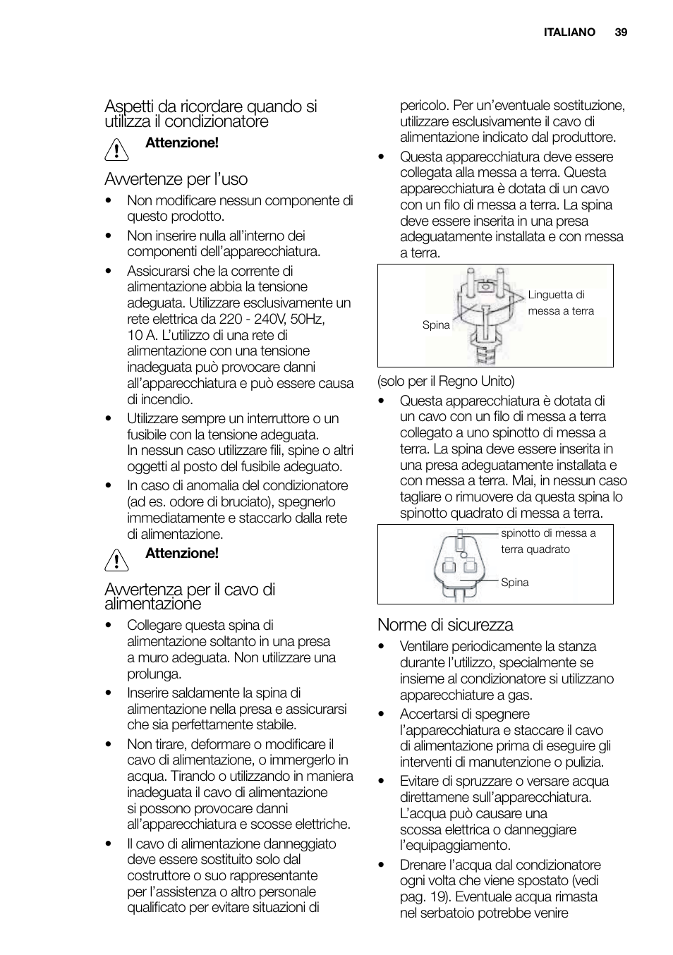 New eu portable manual_en_fr_it_es_pt_39, Avvertenze per l’uso, Avvertenza per il cavo di alimentazione | Norme di sicurezza | Electrolux EXP09HN1WI User Manual | Page 39 / 86