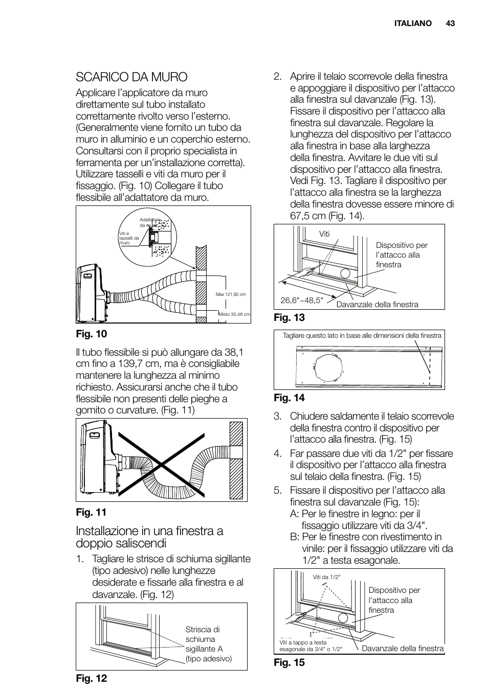 New eu portable manual_en_fr_it_es_pt_43, Scarico da muro, Installazione in una ﬁnestra a doppio saliscendi | Electrolux EXP09HN1WI User Manual | Page 43 / 86