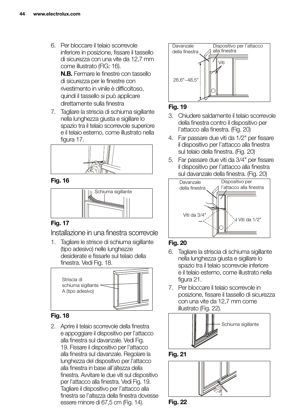 New eu portable manual_en_fr_it_es_pt_44, Installazione in una ﬁnestra scorrevole | Electrolux EXP09HN1WI User Manual | Page 44 / 86