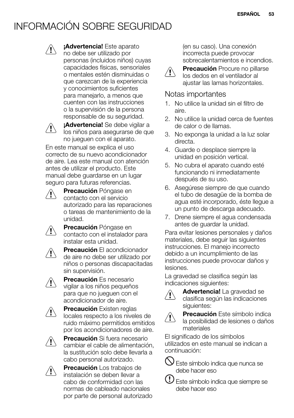 New eu portable manual_en_fr_it_es_pt_53, Información sobre seguridad, Notas importantes | Electrolux EXP09HN1WI User Manual | Page 53 / 86