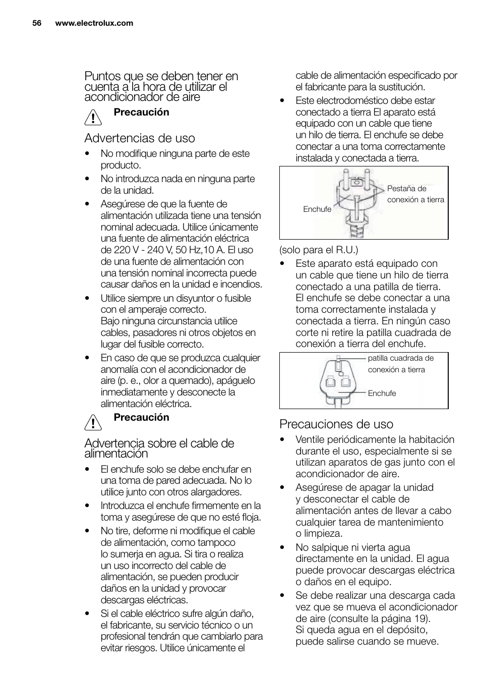 New eu portable manual_en_fr_it_es_pt_56, Advertencias de uso, Advertencia sobre el cable de alimentación | Precauciones de uso | Electrolux EXP09HN1WI User Manual | Page 56 / 86