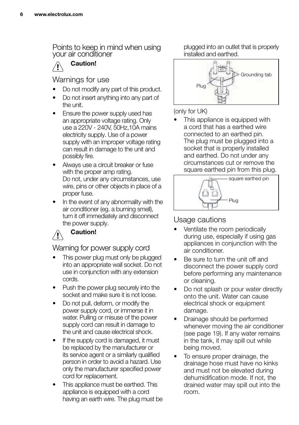 New eu portable manual_en_fr_it_es_pt_ 6, Warnings for use, Warning for power supply cord | Usage cautions | Electrolux EXP09HN1WI User Manual | Page 6 / 86