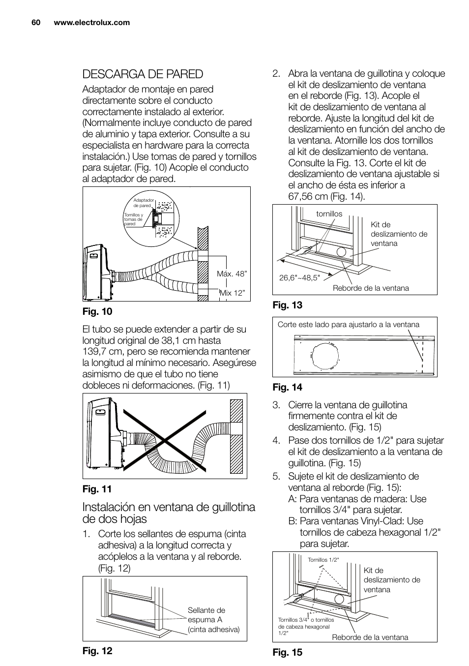 New eu portable manual_en_fr_it_es_pt_60, Descarga de pared, Instalación en ventana de guillotina de dos hojas | Electrolux EXP09HN1WI User Manual | Page 60 / 86