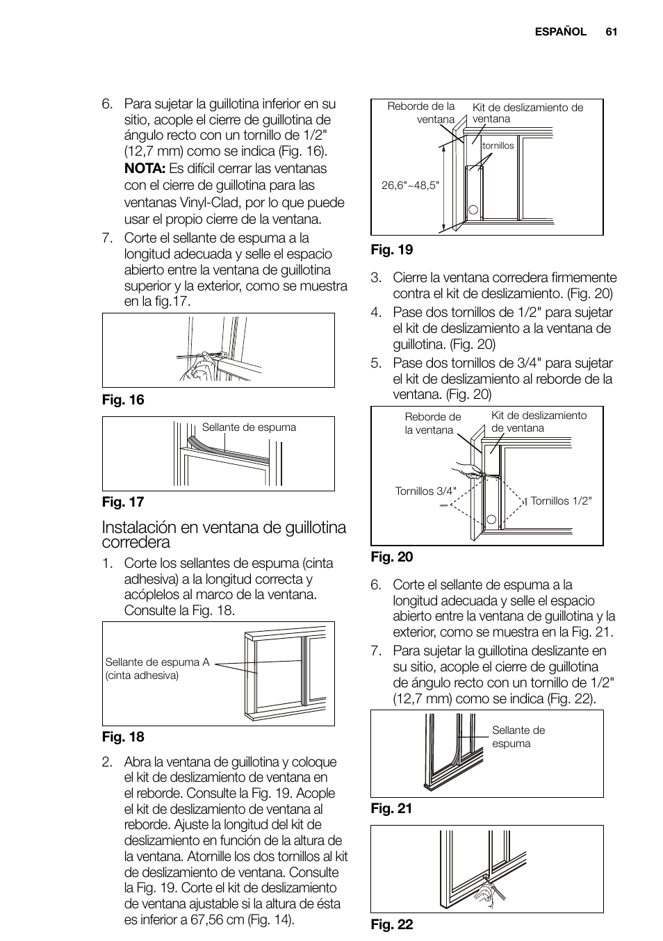 New eu portable manual_en_fr_it_es_pt_61, Instalación en ventana de guillotina corredera | Electrolux EXP09HN1WI User Manual | Page 61 / 86