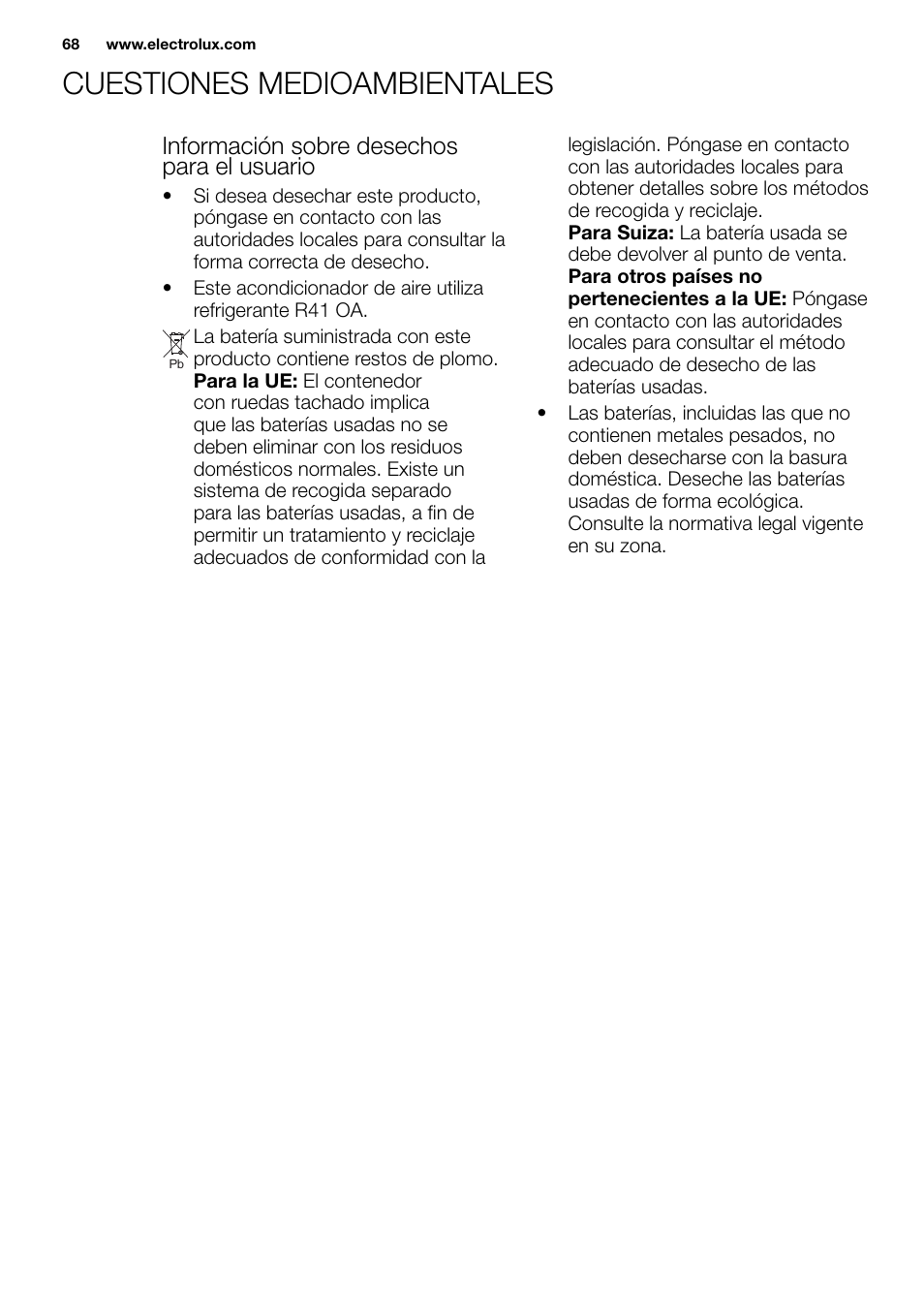 New eu portable manual_en_fr_it_es_pt_68, Información sobre desechos para el usuario | Electrolux EXP09HN1WI User Manual | Page 68 / 86