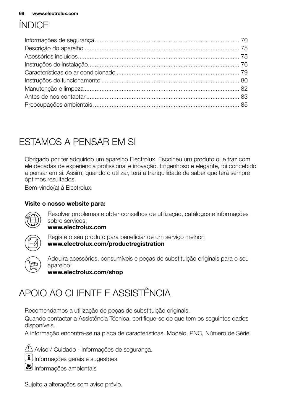 New eu portable manual_en_fr_it_es_pt_69, Índice estamos a pensar em si | Electrolux EXP09HN1WI User Manual | Page 69 / 86