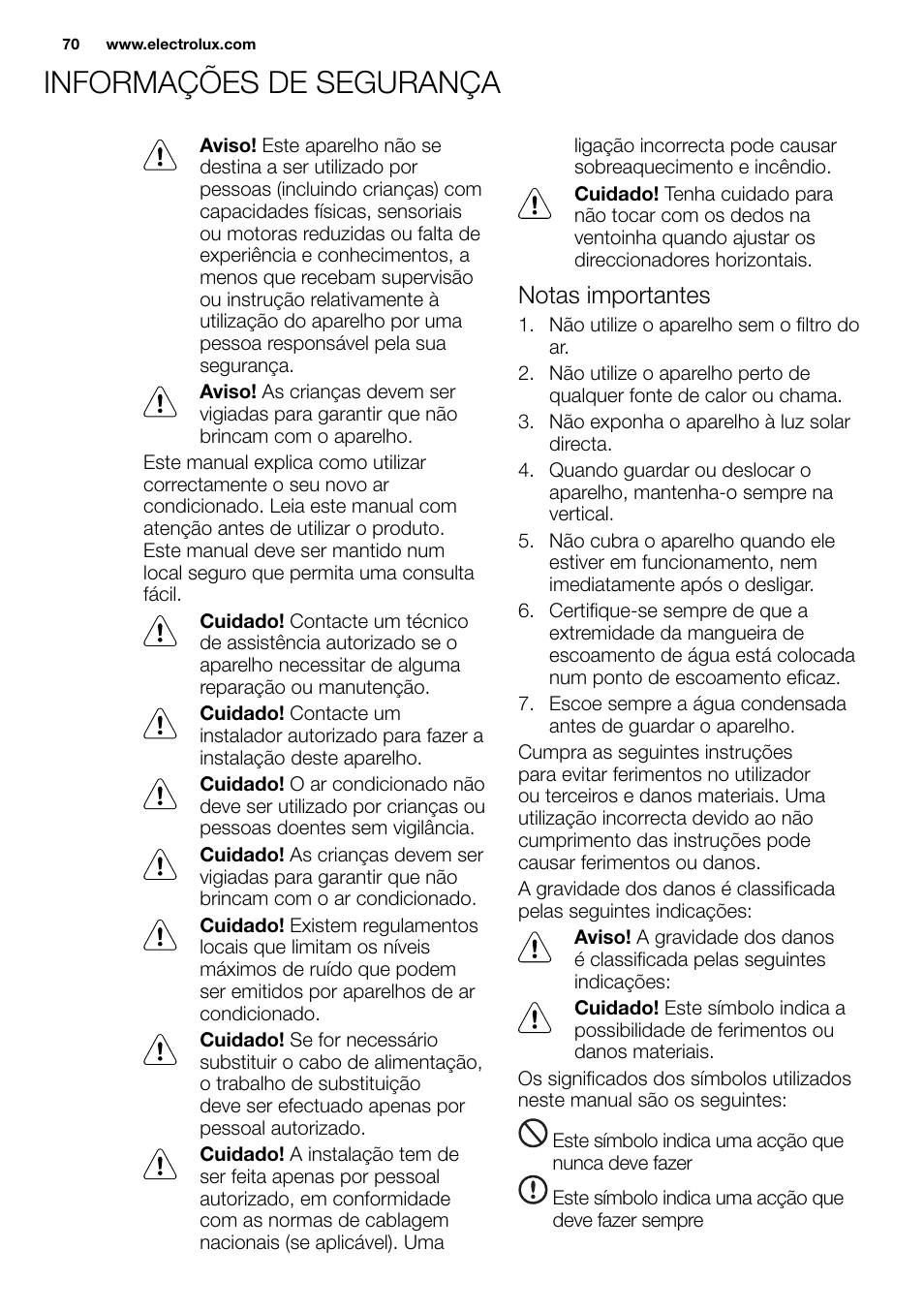 New eu portable manual_en_fr_it_es_pt_70, Informações de segurança, Notas importantes | Electrolux EXP09HN1WI User Manual | Page 70 / 86