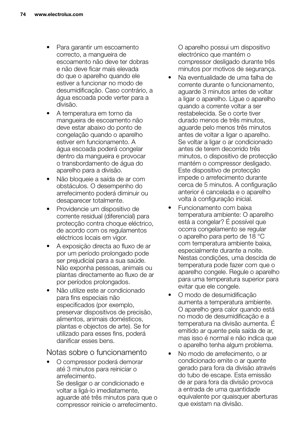 New eu portable manual_en_fr_it_es_pt_74, Notas sobre o funcionamento | Electrolux EXP09HN1WI User Manual | Page 74 / 86