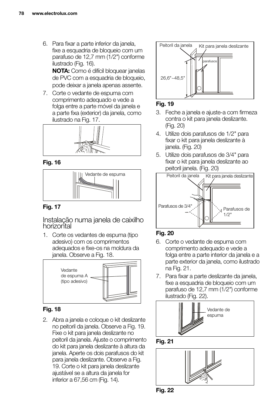 New eu portable manual_en_fr_it_es_pt_78, Instalação numa janela de caixilho horizontal | Electrolux EXP09HN1WI User Manual | Page 78 / 86