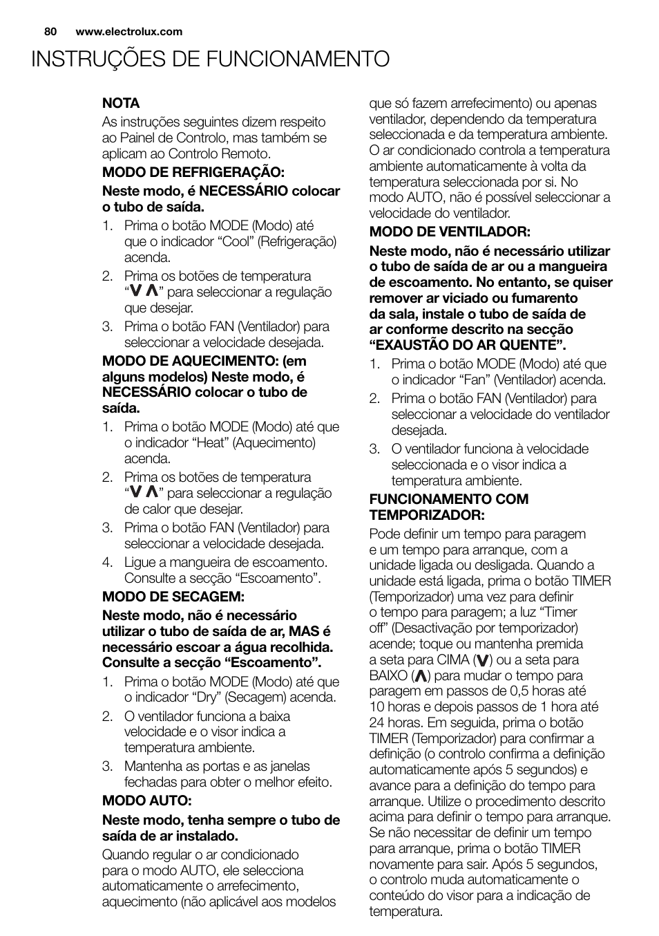 New eu portable manual_en_fr_it_es_pt_80, Instruções de funcionamento | Electrolux EXP09HN1WI User Manual | Page 80 / 86