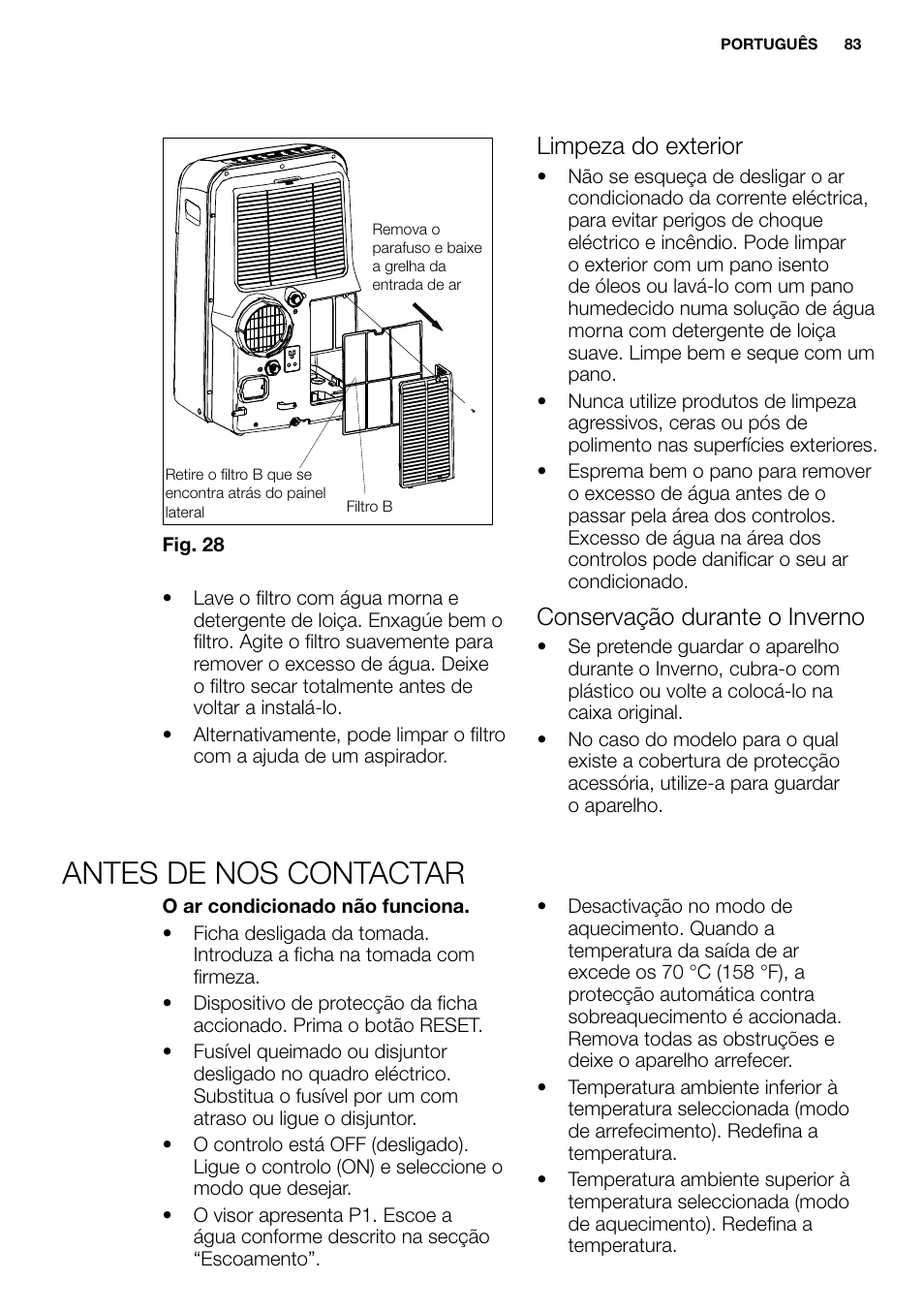 New eu portable manual_en_fr_it_es_pt_83, Antes de nos contactar, Jnqf[bepfyufsjps | Conservação durante o inverno | Electrolux EXP09HN1WI User Manual | Page 83 / 86