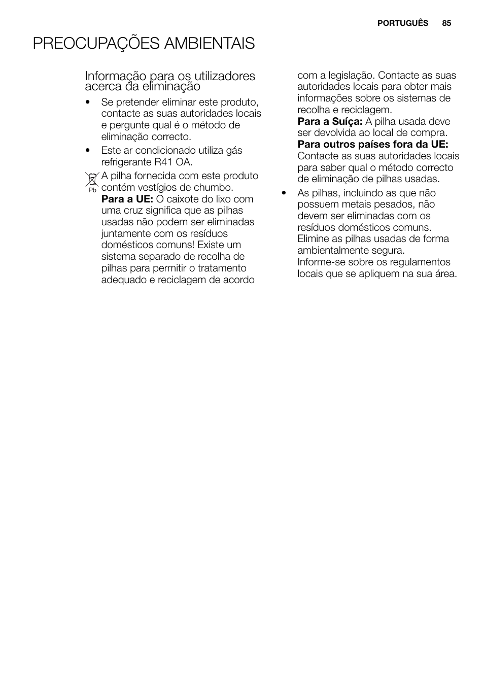 New eu portable manual_en_fr_it_es_pt_85, Preocupações ambientais | Electrolux EXP09HN1WI User Manual | Page 85 / 86