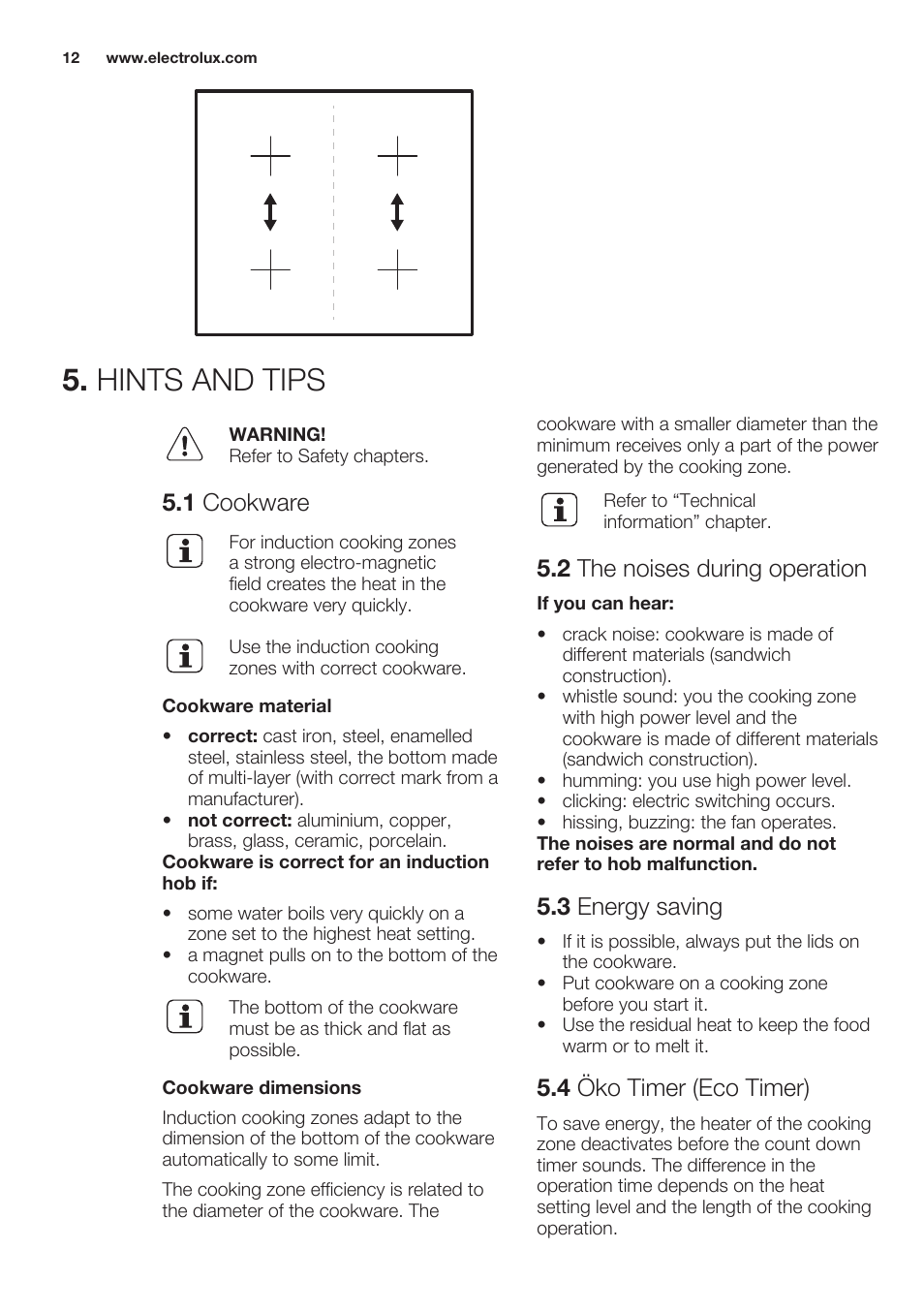 Hints and tips, 1 cookware, 2 the noises during operation | 3 energy saving, 4 öko timer (eco timer) | Electrolux EHO8840FOG User Manual | Page 12 / 64