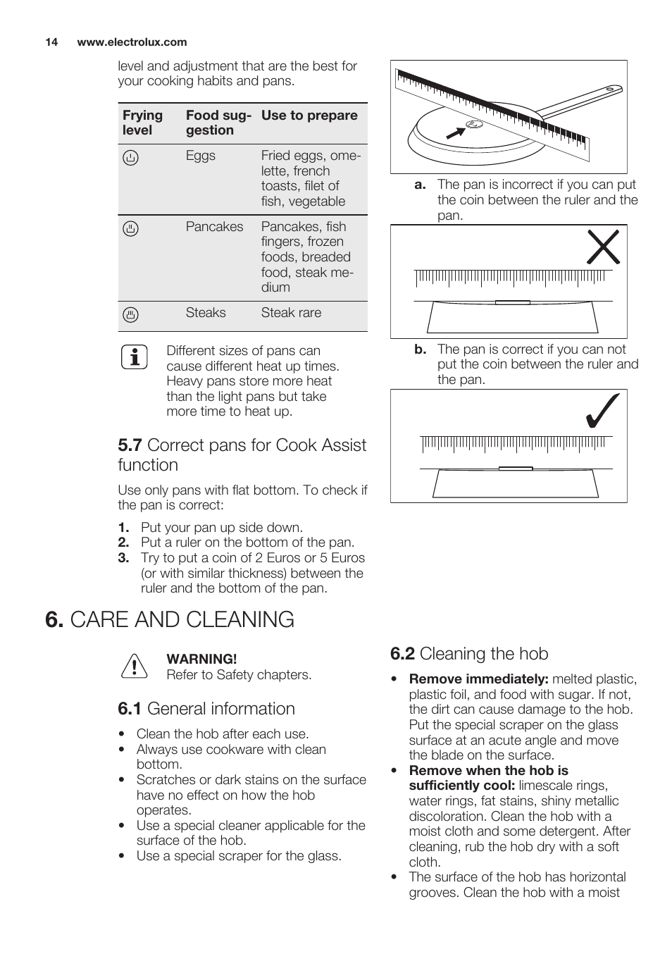7 correct pans for cook assist function, Care and cleaning, 1 general information | 2 cleaning the hob | Electrolux EHO8840FOG User Manual | Page 14 / 64