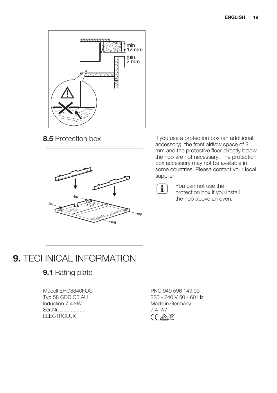 5 protection box, Technical information, 1 rating plate | Electrolux EHO8840FOG User Manual | Page 19 / 64