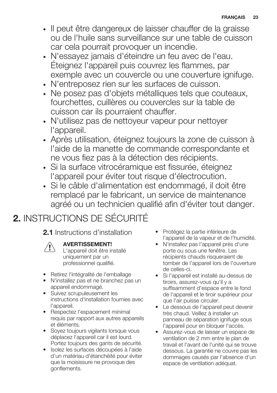 Instructions de sécurité, 1 instructions d’installation, N'entreposez rien sur les surfaces de cuisson | Electrolux EHO8840FOG User Manual | Page 23 / 64