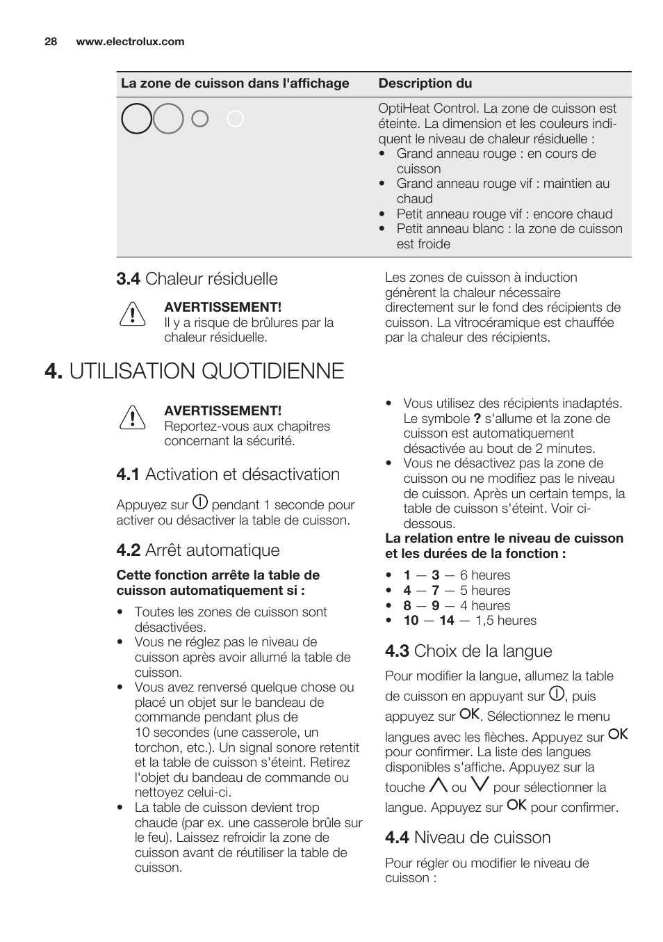 4 chaleur résiduelle, Utilisation quotidienne, 1 activation et désactivation | 2 arrêt automatique, 3 choix de la langue, 4 niveau de cuisson | Electrolux EHO8840FOG User Manual | Page 28 / 64