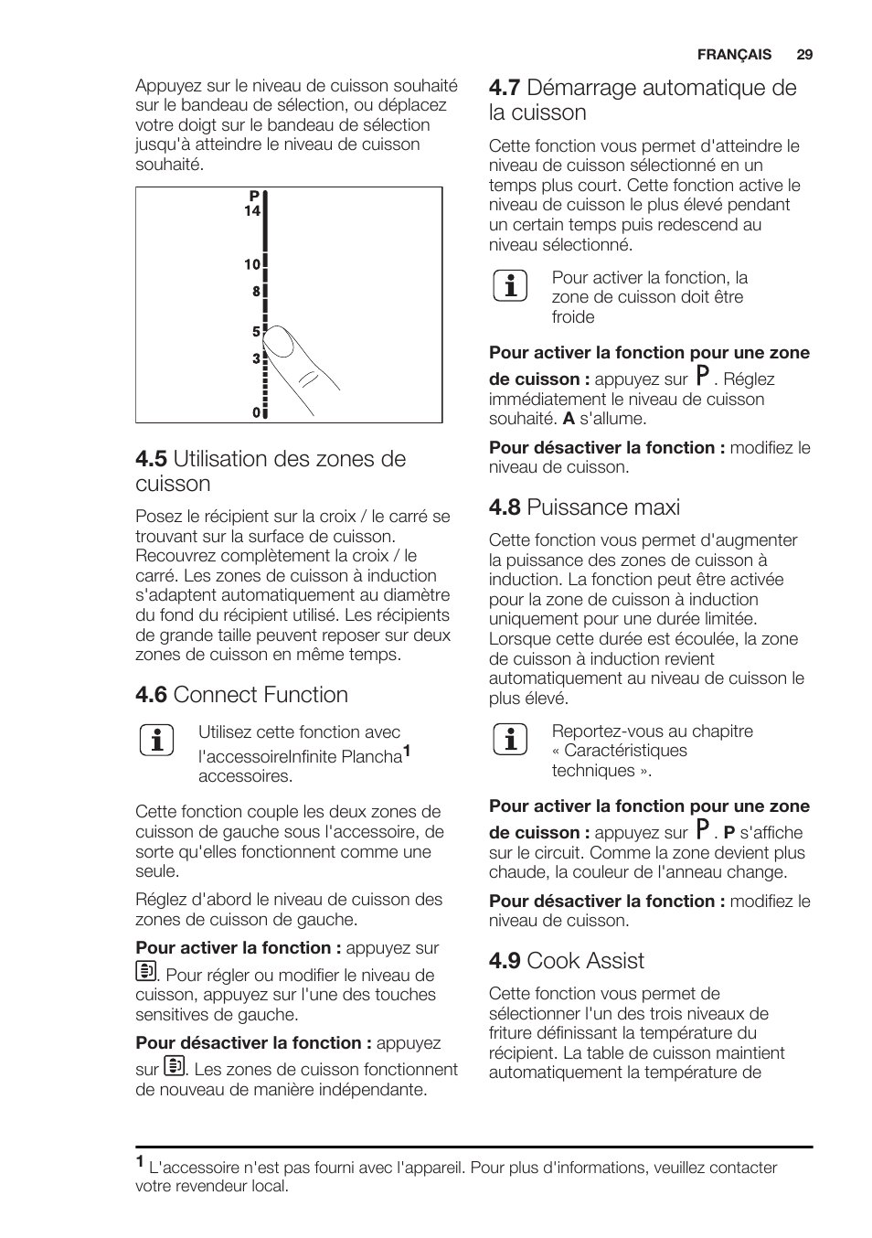 5 utilisation des zones de cuisson, 6 connect function, 7 démarrage automatique de la cuisson | 8 puissance maxi, 9 cook assist | Electrolux EHO8840FOG User Manual | Page 29 / 64