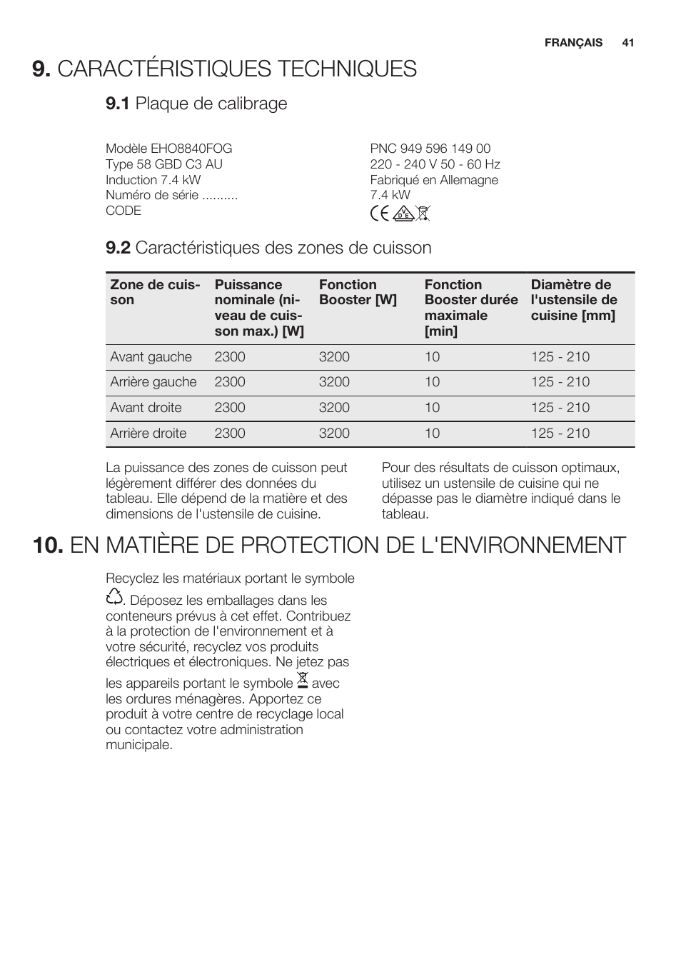 Caractéristiques techniques, 1 plaque de calibrage, 2 caractéristiques des zones de cuisson | En matière de protection de l'environnement | Electrolux EHO8840FOG User Manual | Page 41 / 64