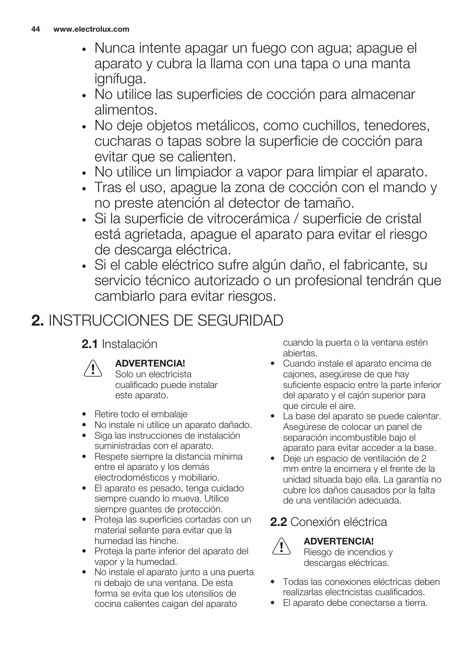 Instrucciones de seguridad, 1 instalación, 2 conexión eléctrica | Electrolux EHO8840FOG User Manual | Page 44 / 64
