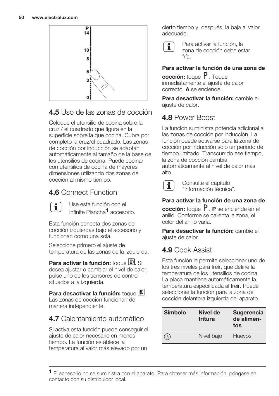 5 uso de las zonas de cocción, 6 connect function, 7 calentamiento automático | 8 power boost, 9 cook assist | Electrolux EHO8840FOG User Manual | Page 50 / 64
