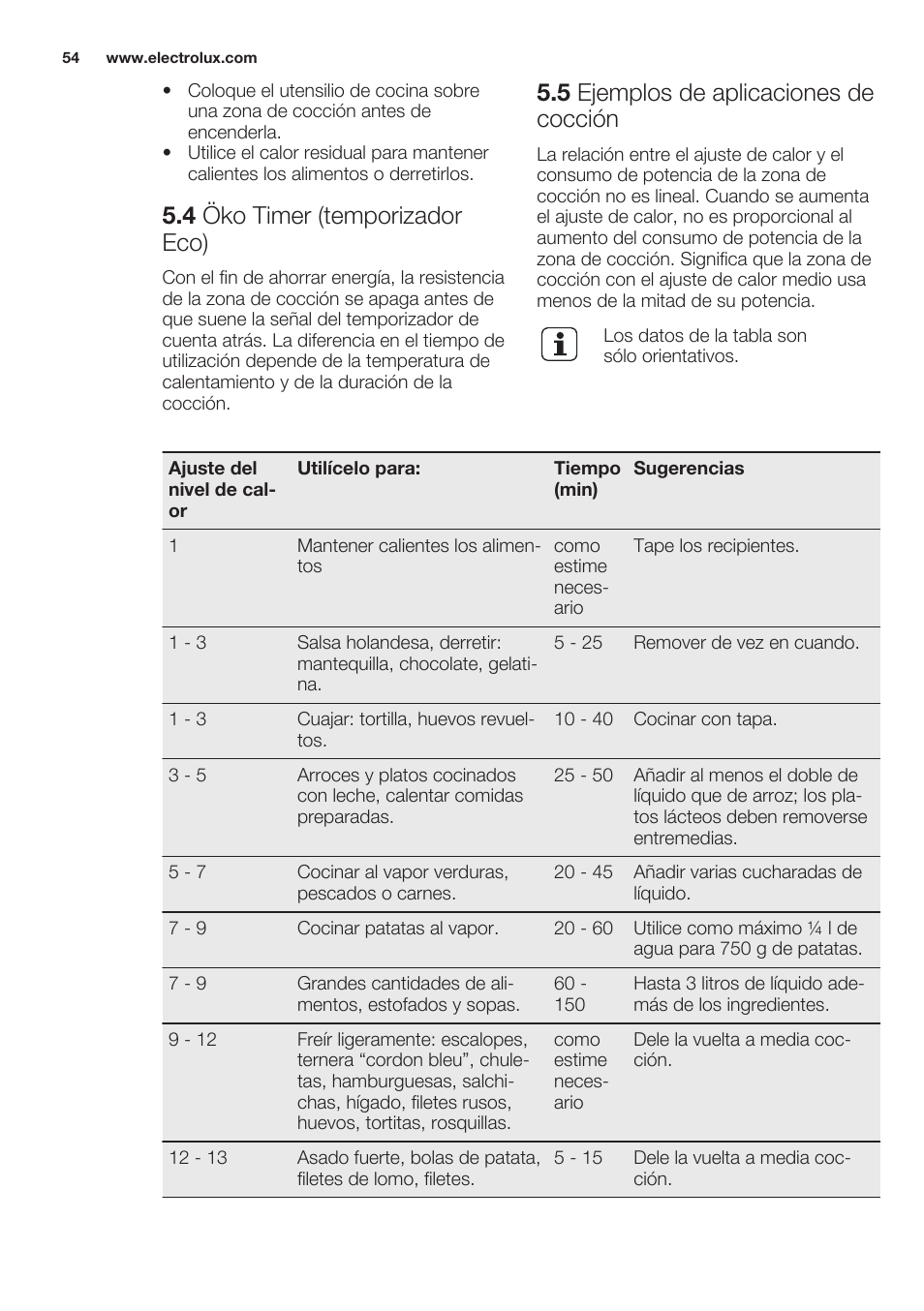 4 öko timer (temporizador eco), 5 ejemplos de aplicaciones de cocción | Electrolux EHO8840FOG User Manual | Page 54 / 64