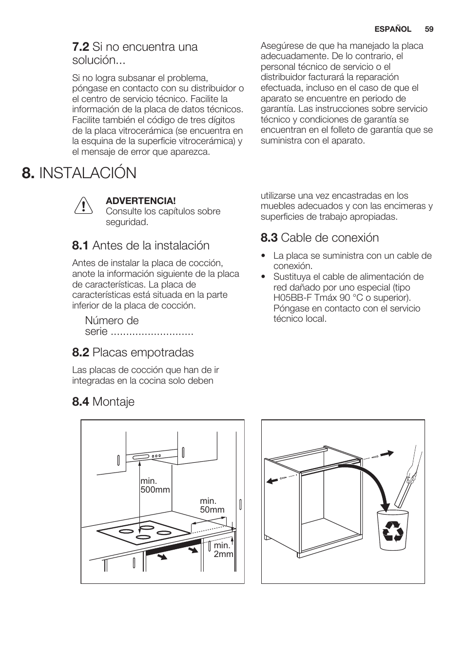 2 si no encuentra una solución, Instalación, 1 antes de la instalación | 2 placas empotradas, 3 cable de conexión, 4 montaje | Electrolux EHO8840FOG User Manual | Page 59 / 64