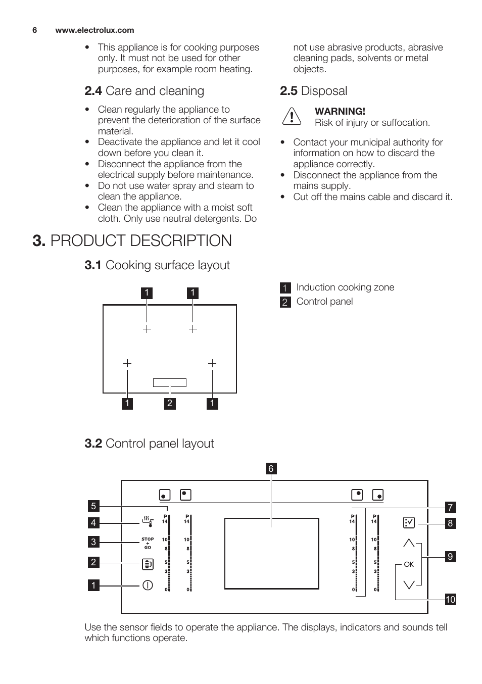 4 care and cleaning, 5 disposal, Product description | 1 cooking surface layout, 2 control panel layout | Electrolux EHO8840FOG User Manual | Page 6 / 64