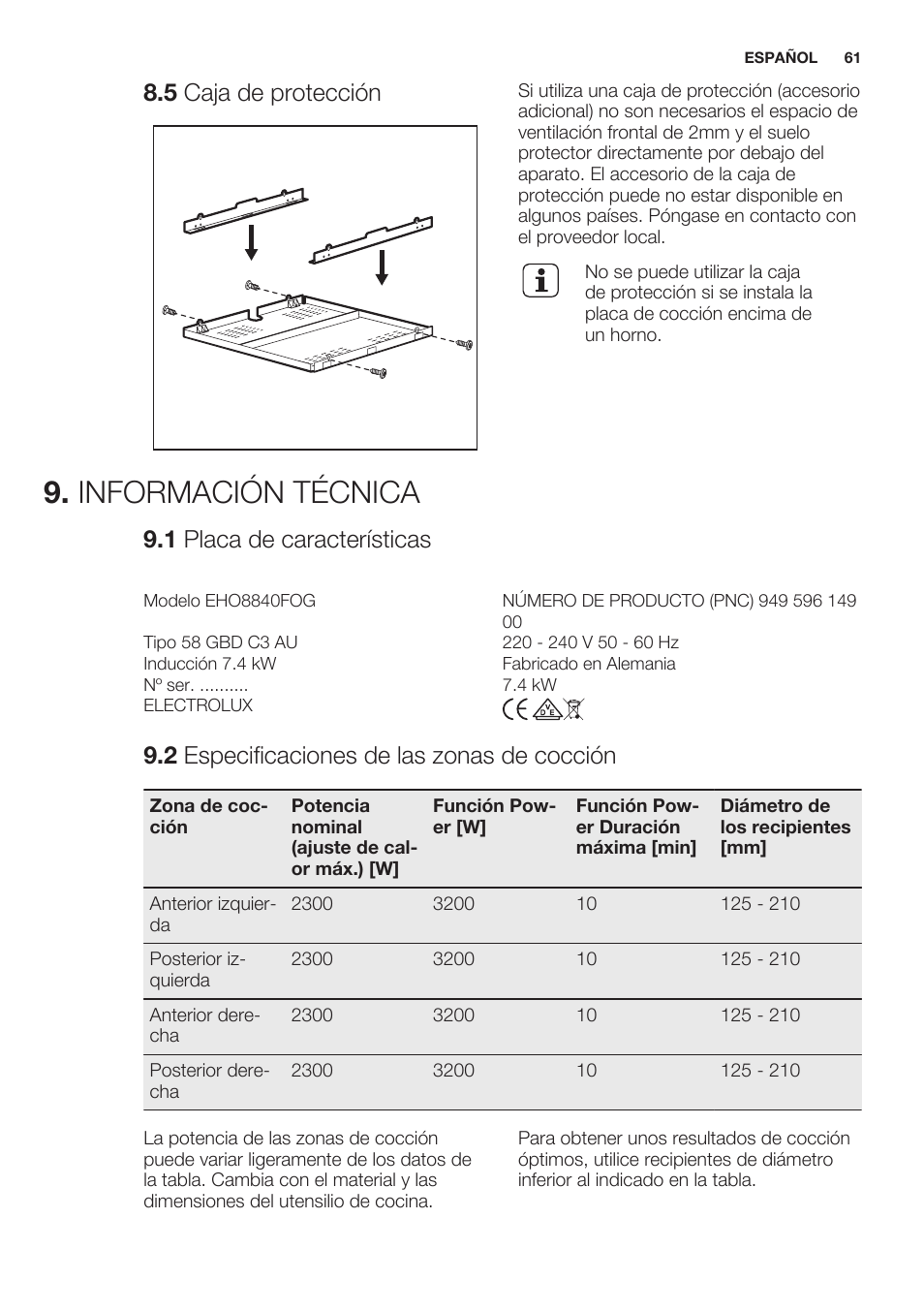 5 caja de protección, Información técnica, 1 placa de características | 2 especificaciones de las zonas de cocción | Electrolux EHO8840FOG User Manual | Page 61 / 64