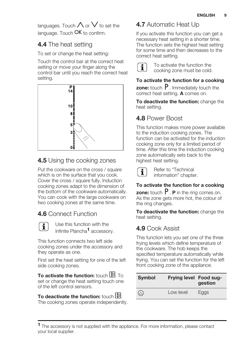 4 the heat setting, 5 using the cooking zones, 6 connect function | 7 automatic heat up, 8 power boost, 9 cook assist | Electrolux EHO8840FOG User Manual | Page 9 / 64