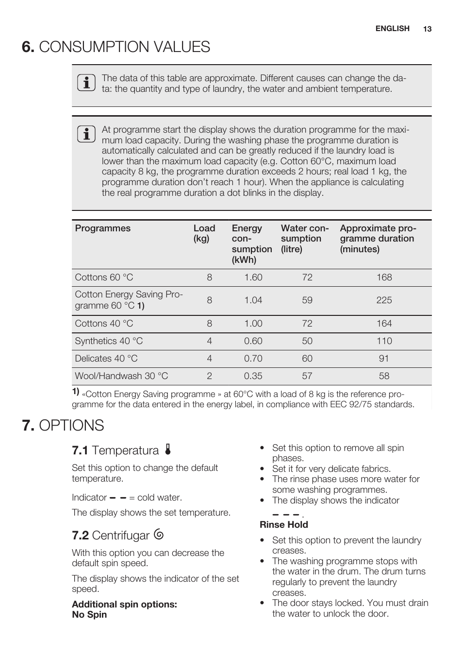 Consumption values, Options, 1 temperatura | 2 centrifugar, Consumption values 7. options | Electrolux EWW1486HDW User Manual | Page 13 / 64