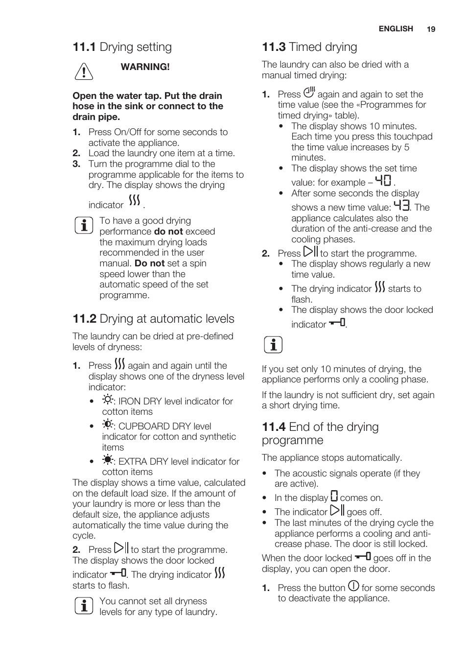 1 drying setting, 2 drying at automatic levels, 3 timed drying | 4 end of the drying programme | Electrolux EWW1486HDW User Manual | Page 19 / 64