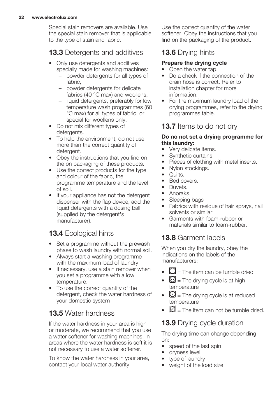 3 detergents and additives, 4 ecological hints, 5 water hardness | 6 drying hints, 7 items to do not dry, 8 garment labels, 9 drying cycle duration | Electrolux EWW1486HDW User Manual | Page 22 / 64