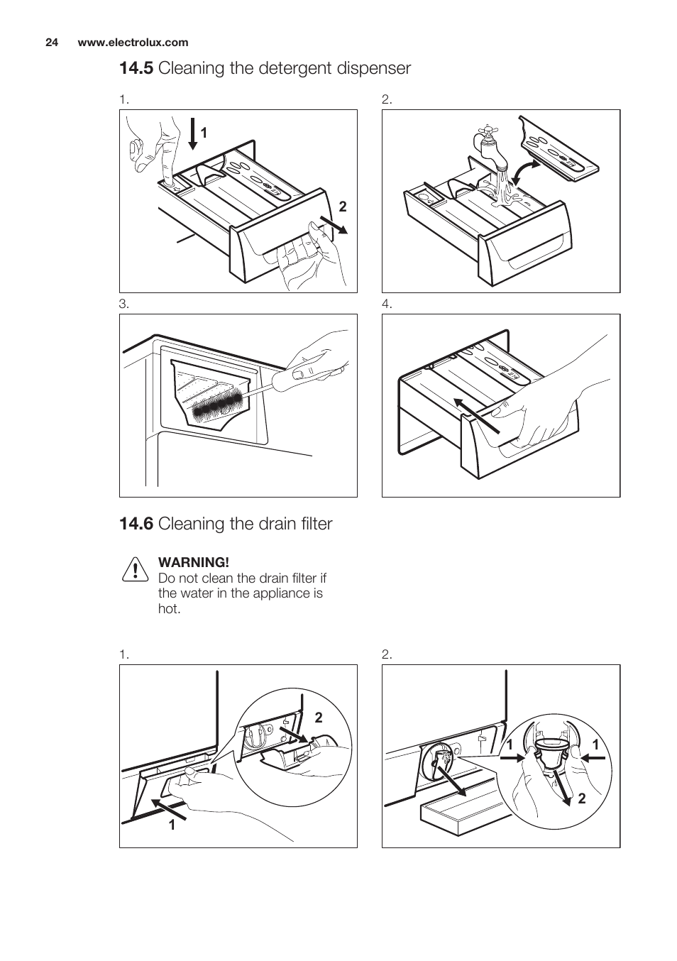5 cleaning the detergent dispenser, 6 cleaning the drain filter | Electrolux EWW1486HDW User Manual | Page 24 / 64