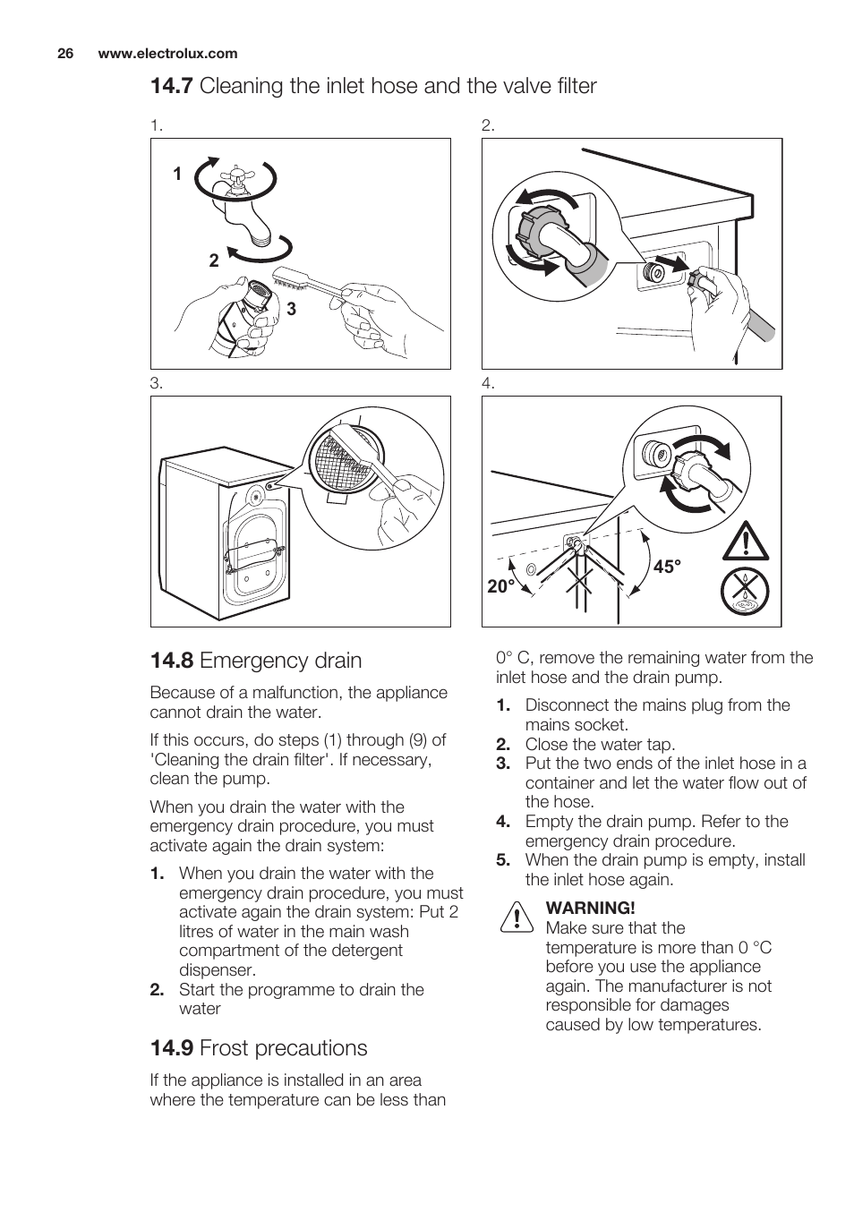 7 cleaning the inlet hose and the valve filter, 8 emergency drain, 9 frost precautions | Electrolux EWW1486HDW User Manual | Page 26 / 64