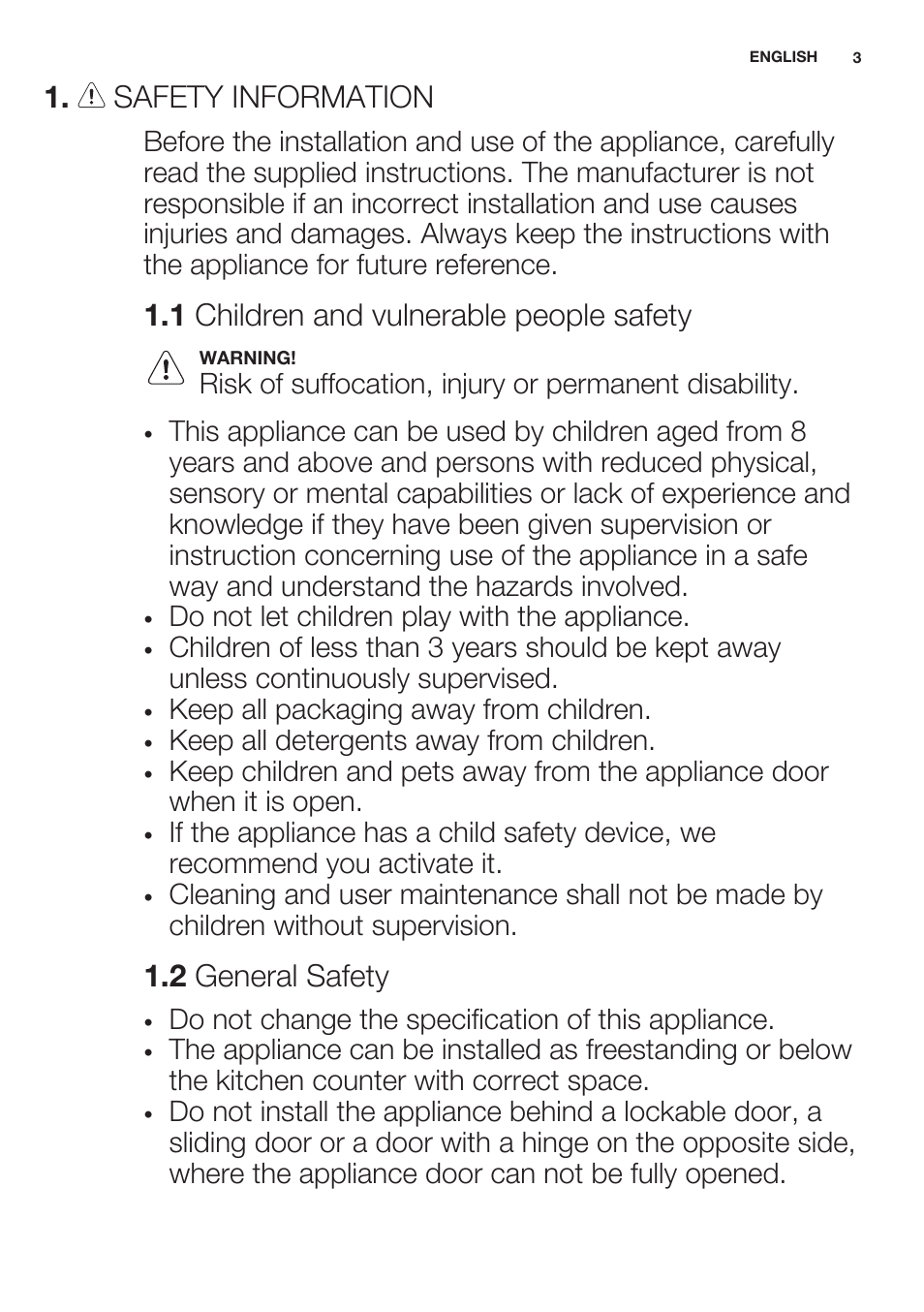 Safety information, 1 children and vulnerable people safety, 2 general safety | Electrolux EWW1486HDW User Manual | Page 3 / 64