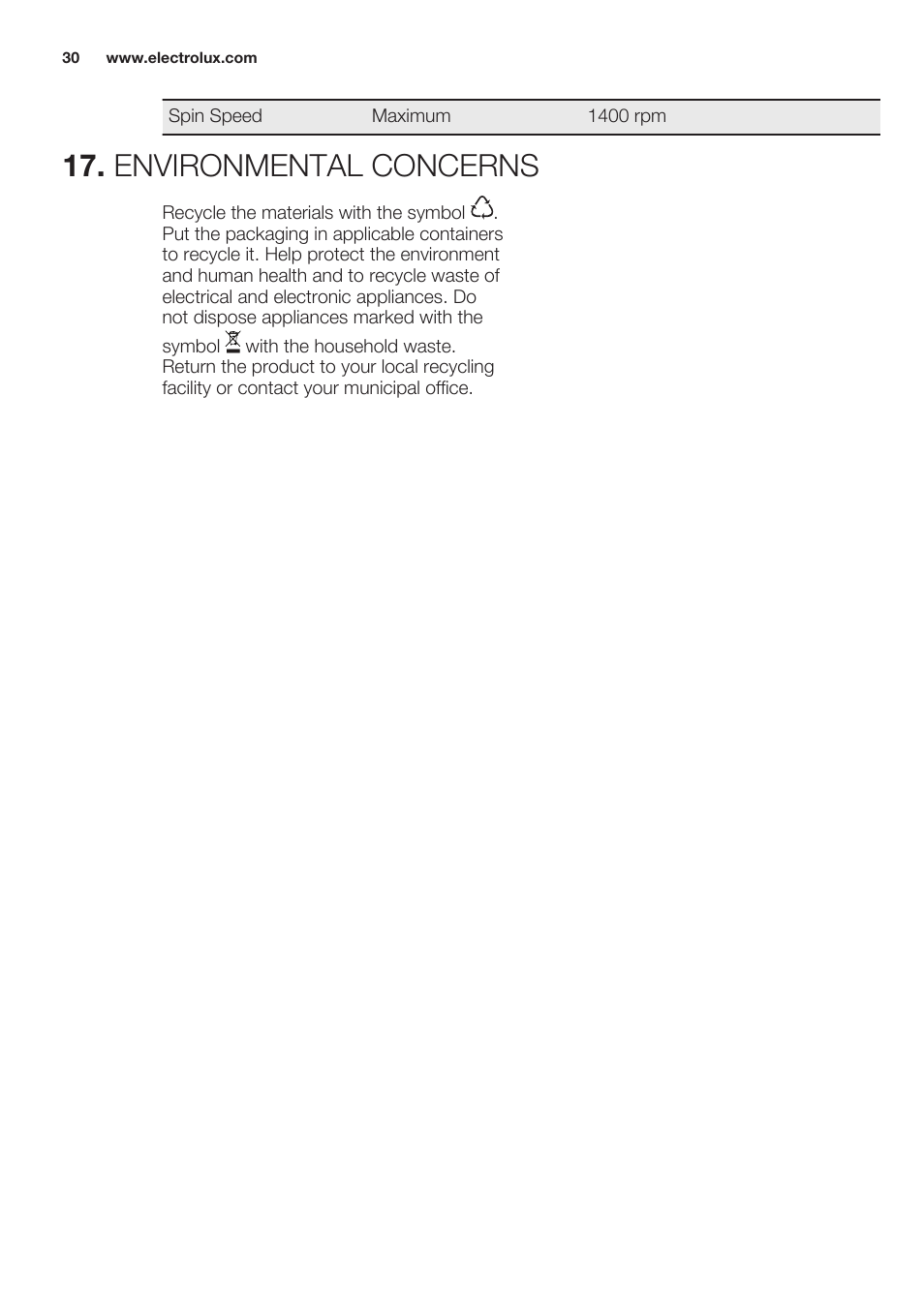 Environmental concerns | Electrolux EWW1486HDW User Manual | Page 30 / 64