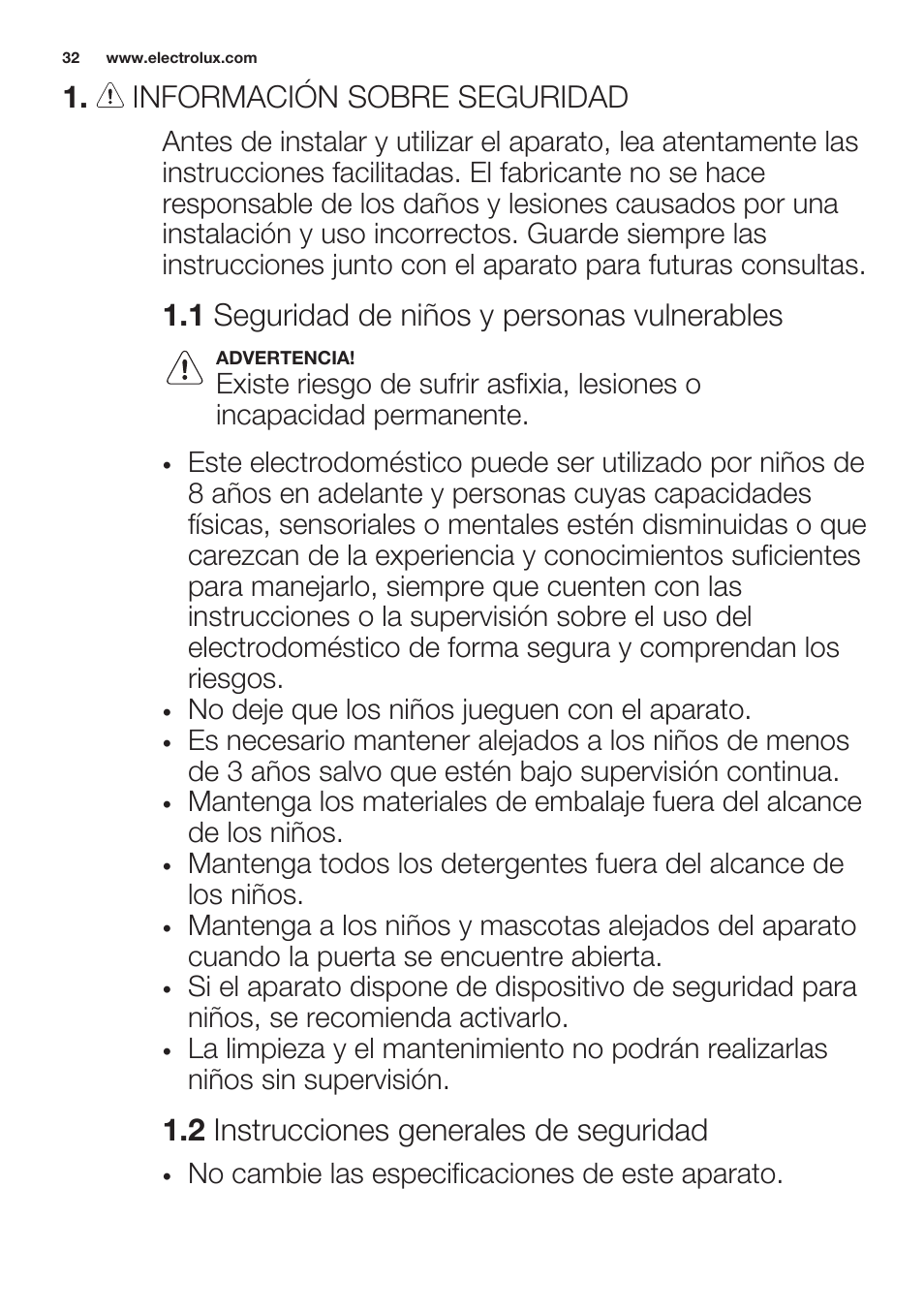 Información sobre seguridad, 1 seguridad de niños y personas vulnerables, 2 instrucciones generales de seguridad | Electrolux EWW1486HDW User Manual | Page 32 / 64