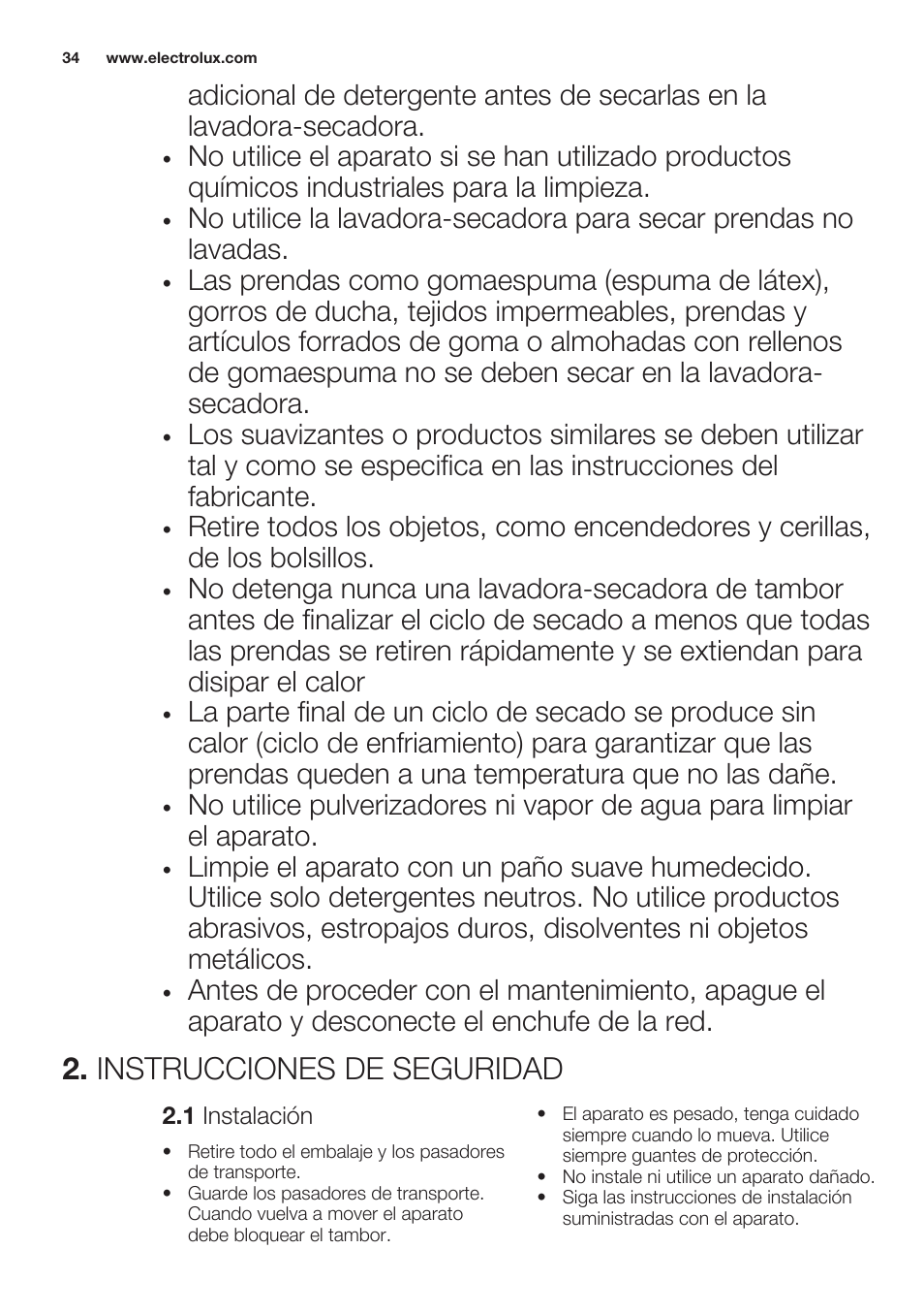 Instrucciones de seguridad, 1 instalación | Electrolux EWW1486HDW User Manual | Page 34 / 64