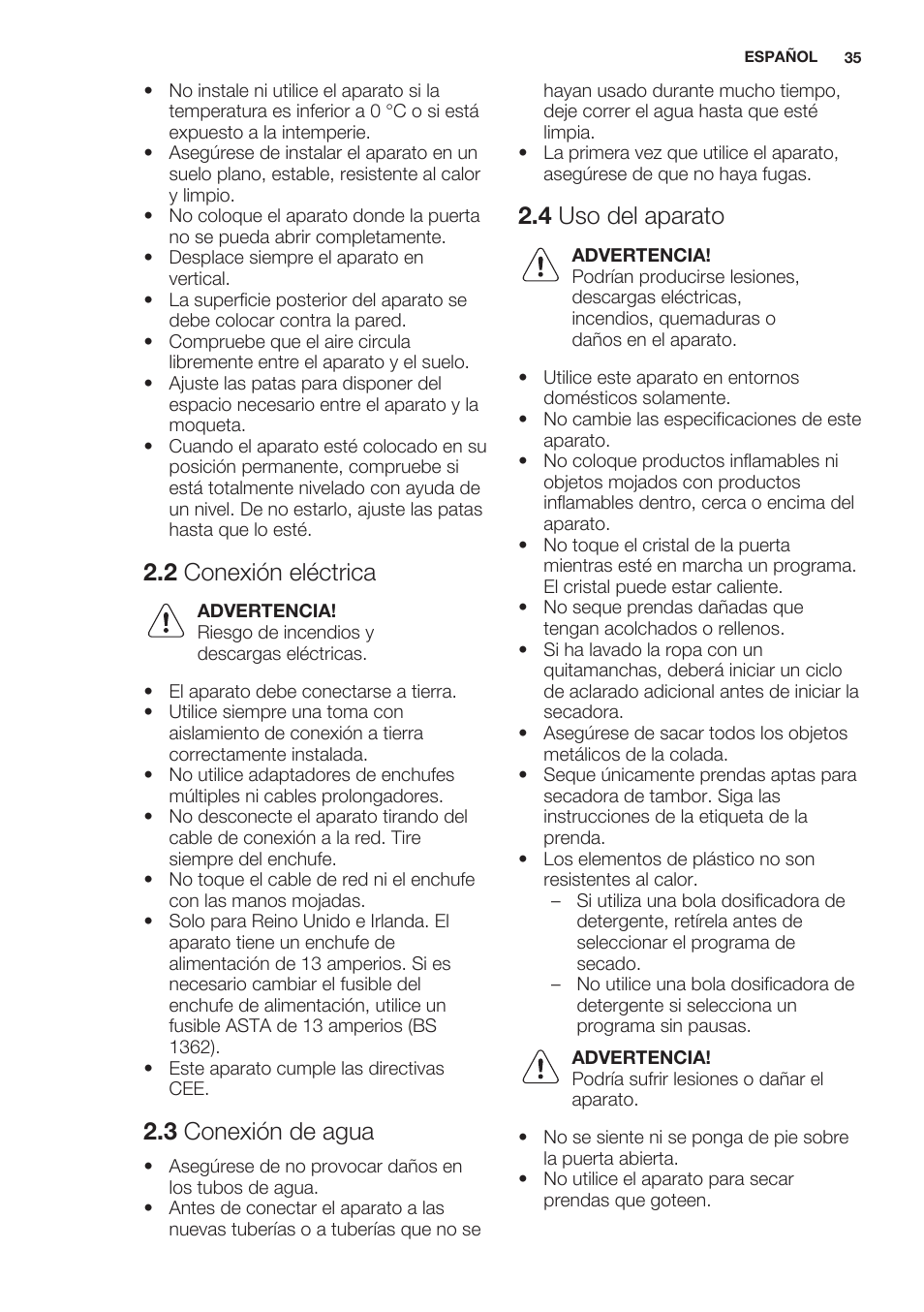 2 conexión eléctrica, 3 conexión de agua, 4 uso del aparato | Electrolux EWW1486HDW User Manual | Page 35 / 64