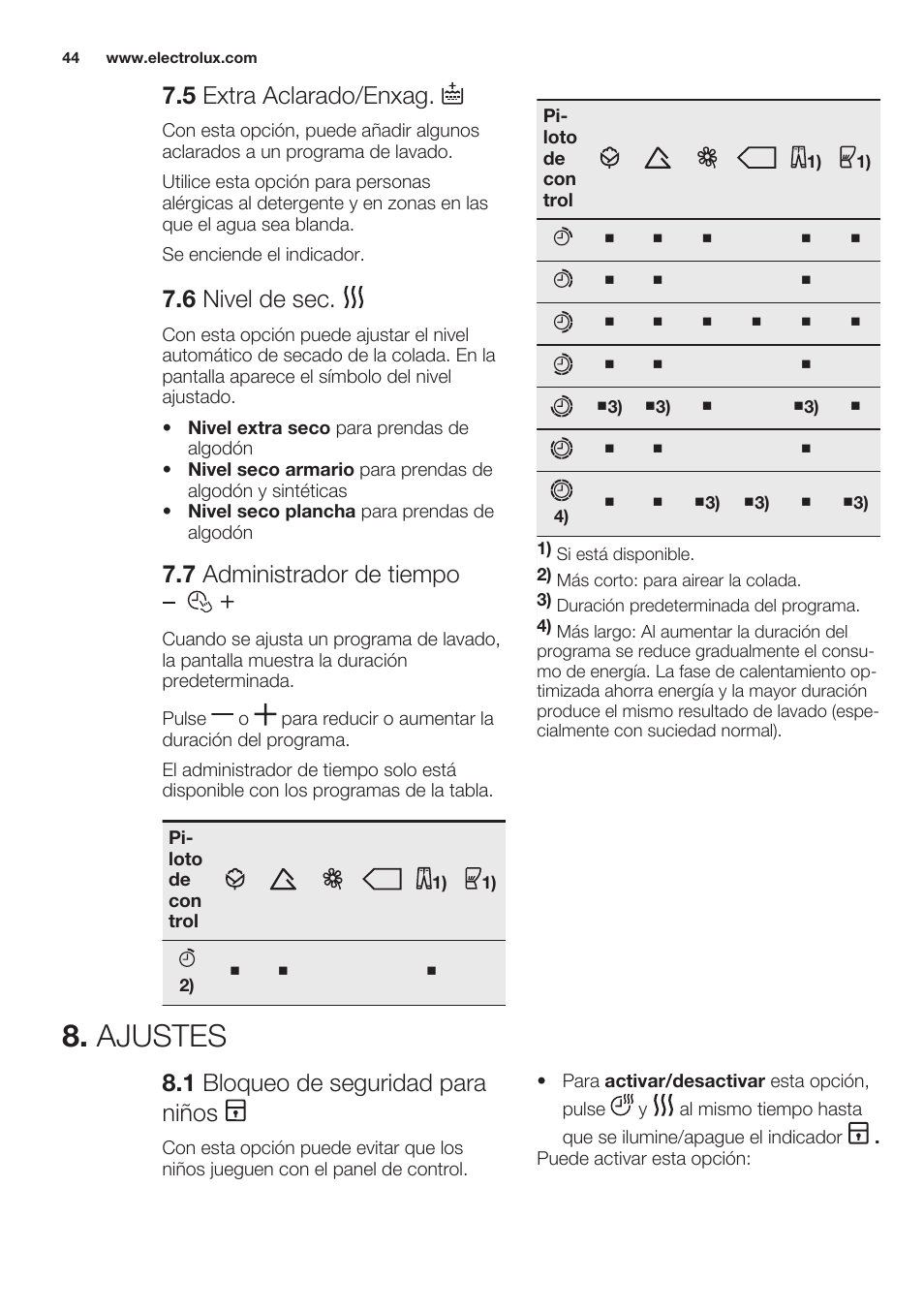 5 extra aclarado/enxag, 6 nivel de sec, 7 administrador de tiempo | Ajustes, 1 bloqueo de seguridad para niños | Electrolux EWW1486HDW User Manual | Page 44 / 64