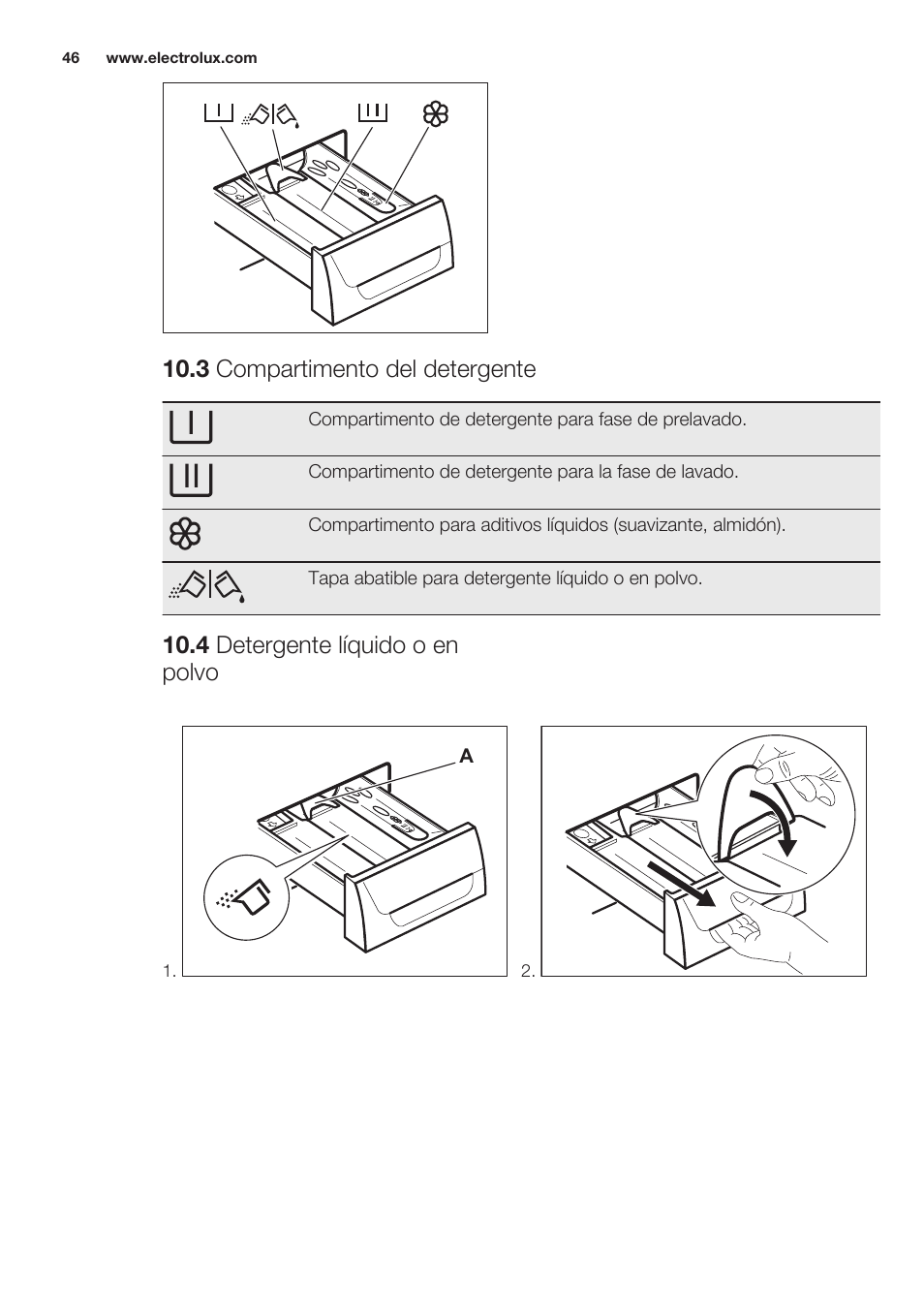 3 compartimento del detergente, 4 detergente líquido o en polvo | Electrolux EWW1486HDW User Manual | Page 46 / 64