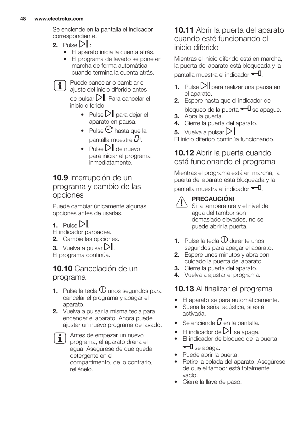 10 cancelación de un programa, 13 al finalizar el programa | Electrolux EWW1486HDW User Manual | Page 48 / 64