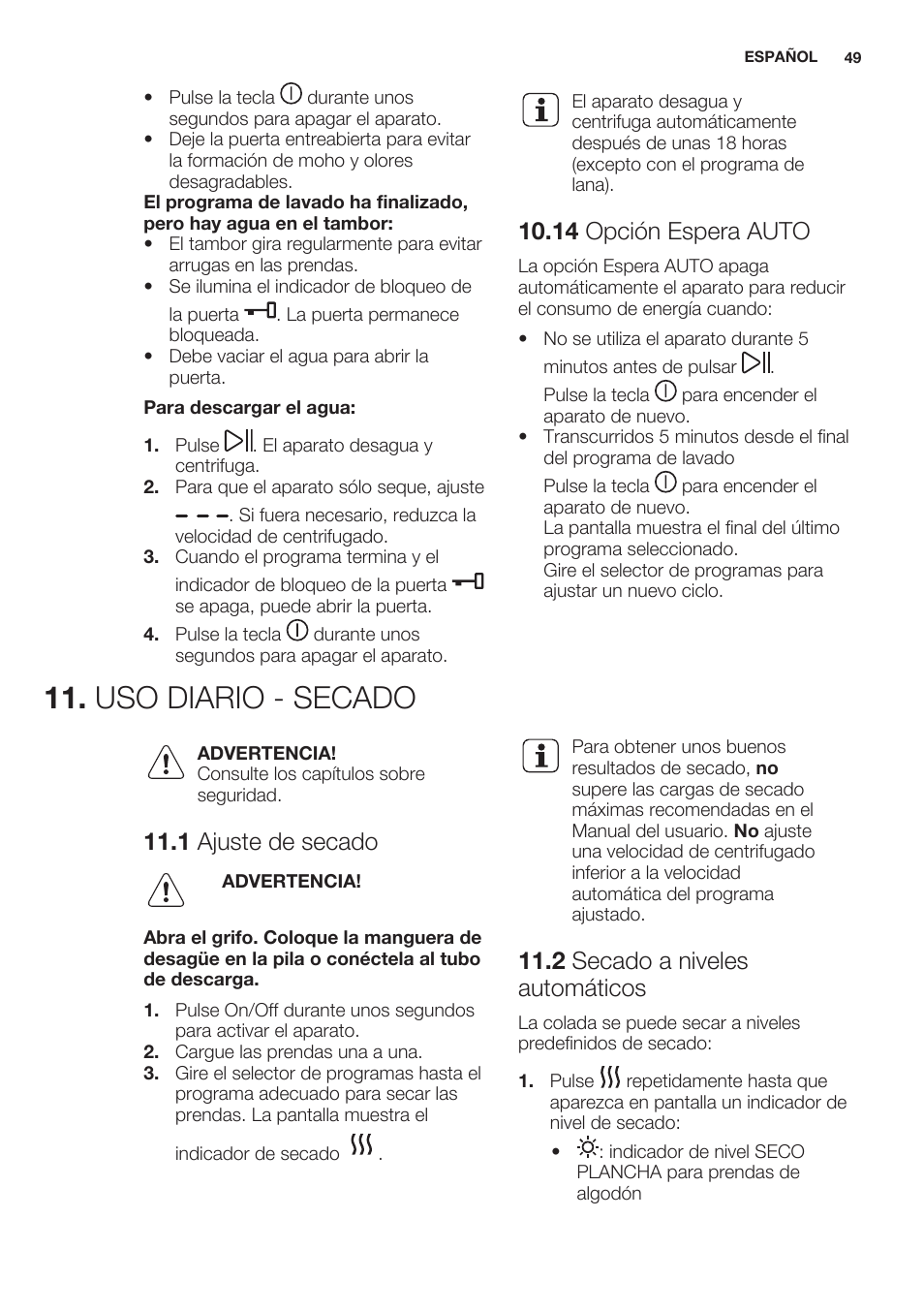 14 opción espera auto, Uso diario - secado, 1 ajuste de secado | 2 secado a niveles automáticos | Electrolux EWW1486HDW User Manual | Page 49 / 64